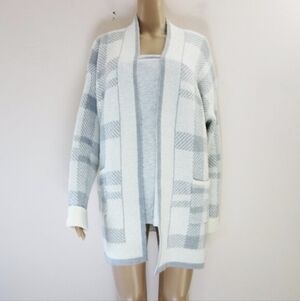 Francescas Harper Open Front Cardigan with Pockets White and Grey Plaid (M) NWT!